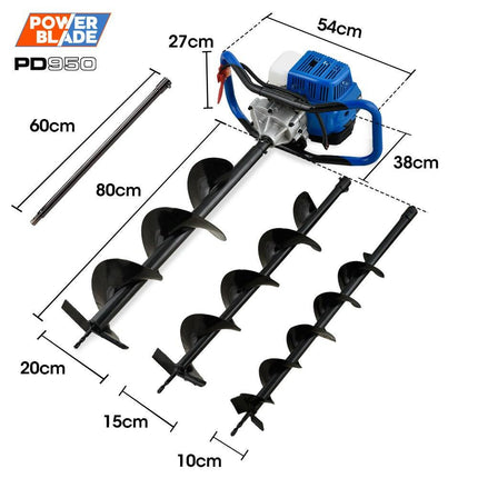 POWERBLADE PD950 52cc 2-Stroke Petrol Post Hole Digger, w/ 3 Auger bits, 600mm Extension Shaft.