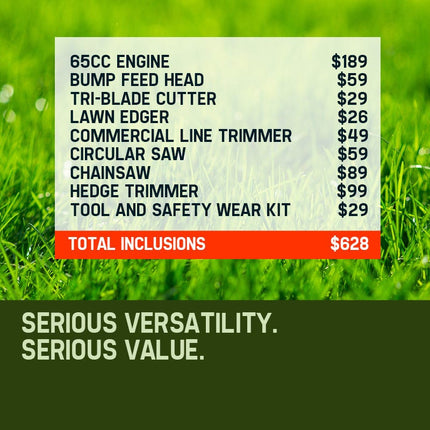 BAUMR-AG 65cc 7in1 Long Reach Garden Multi-tool, Pole Saw, Hedge & Line Trimmer, Brush Cutter, 12" Tree Trimming Pruning Chainsaw Bar, 2 Extension Shafts.