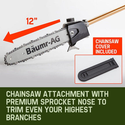 BAUMR-AG 65cc 7in1 Long Reach Garden Multi-tool, Pole Saw, Hedge & Line Trimmer, Brush Cutter, 12" Tree Trimming Pruning Chainsaw Bar, 2 Extension Shafts.