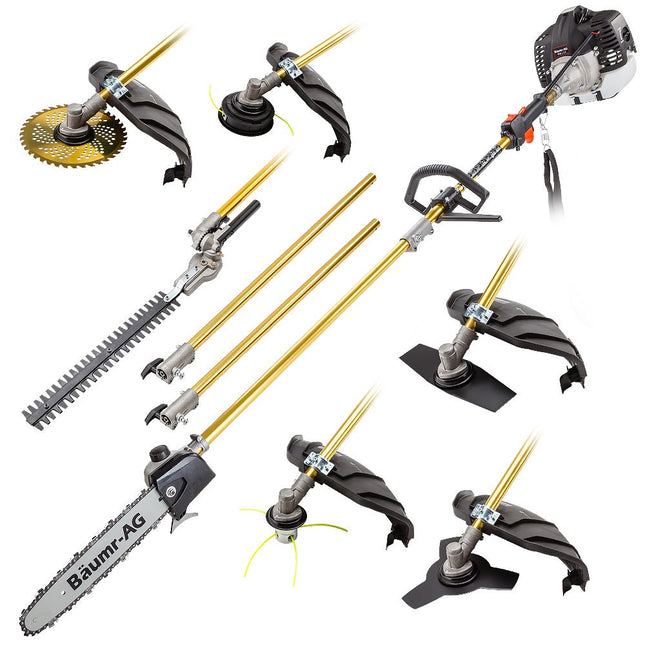 BAUMR-AG 65cc 7in1 Long Reach Garden Multi-tool, Pole Saw, Hedge & Line Trimmer, Brush Cutter, 12" Tree Trimming Pruning Chainsaw Bar, 2 Extension Shafts.