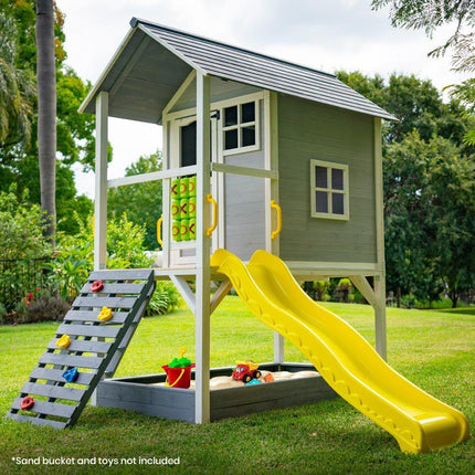 ROVO KIDS Wooden Tower Cubby House with Slide, Sandpit, Climbing Wall, Noughts & Crosses.