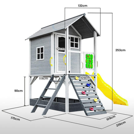 ROVO KIDS Wooden Tower Cubby House with Slide, Sandpit, Climbing Wall, Noughts & Crosses.