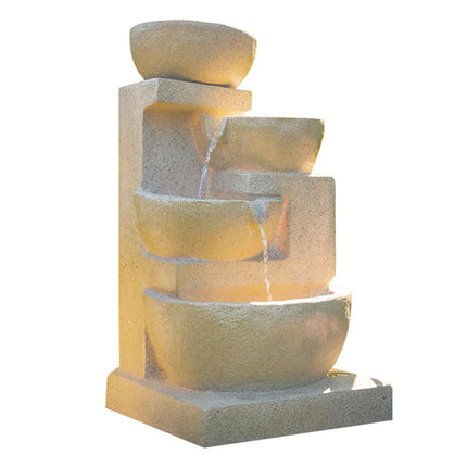 PROTEGE Solar Fountain Water Feature Outdoor 4 Bowl with LED Lights - Sand Colour.