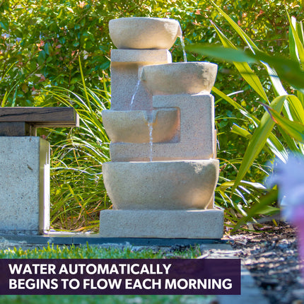 PROTEGE Solar Fountain Water Feature Outdoor 4 Bowl with LED Lights - Sand Colour.