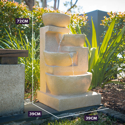 PROTEGE Solar Fountain Water Feature Outdoor 4 Bowl with LED Lights - Sand Colour.