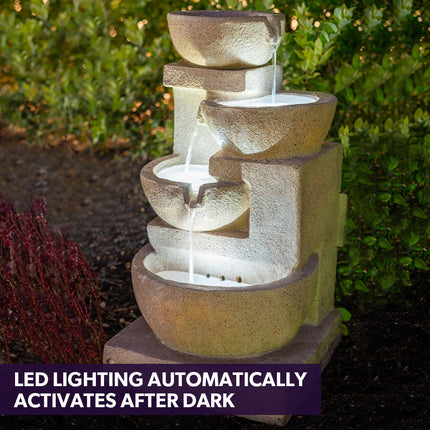 PROTEGE Solar Fountain Water Feature Outdoor 4 Bowl with LED Lights - Sand Colour.