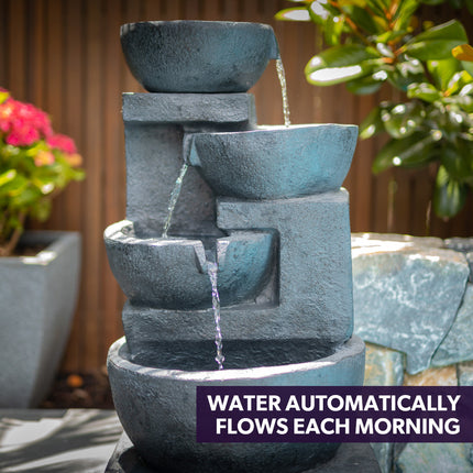 PROTEGE Solar Fountain Water Feature Outdoor 4 Bowl with LED Lights - Sand Colour.
