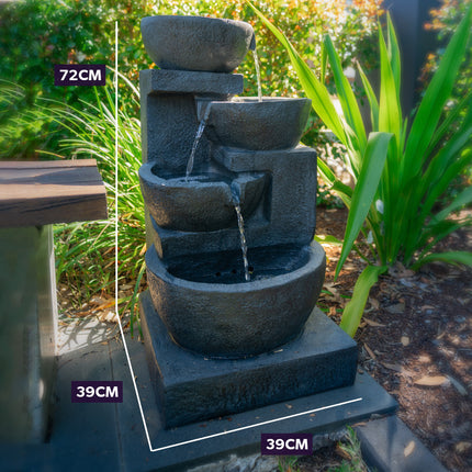 PROTEGE Solar Fountain Water Feature Outdoor 4 Bowl with LED Lights - Sand Colour.