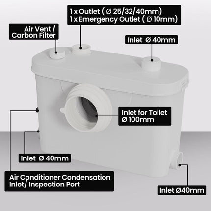 PROTEGE Macerator Pump, with 4 Inlet, for P-Trap Toilet, House, Bathroom, Shower, Sink, Washing Machine.