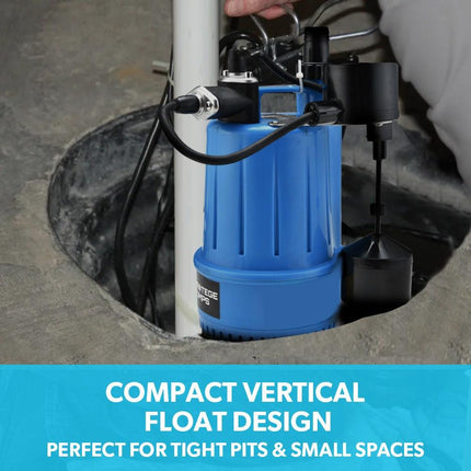 PROTEGE Tight Access Clean/Grey Water Submersible Sump Pump, Vertical Float Switch.