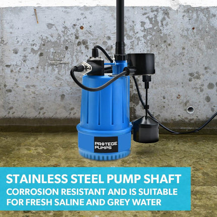 PROTEGE Tight Access Clean/Grey Water Submersible Sump Pump, Vertical Float Switch.