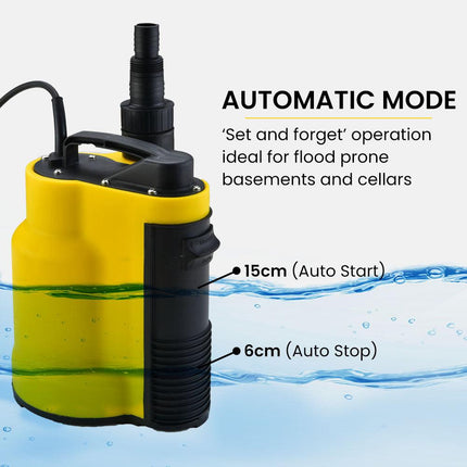 PROTEGE Tight Access Clean/Grey Water Submersible Sump Pump, Integrated Float Switch.