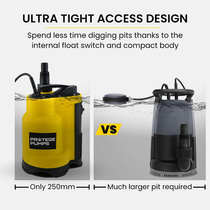 PROTEGE Tight Access Dirty Water Submersible Sump Pump, Integrated Float Switch.