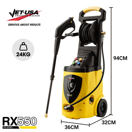 JET-USA RX550 Electric High Pressure Washer 3500PSI, 5 Nozzles, Spin & Wheel Brush, Deck Cleaner, Turbo Head, 10M Hose.