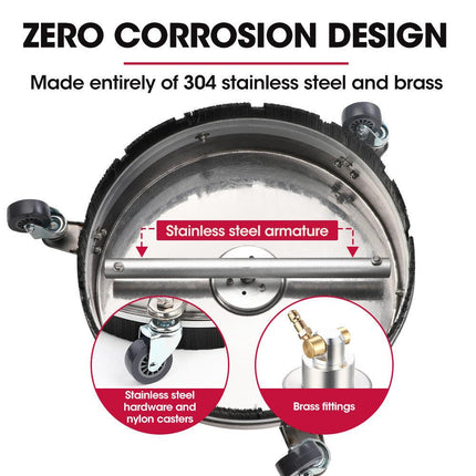 Jet-USA 15" Stainless Steel Pressure Washer Surface Cleaner, 1/4" Fitting, For Concrete Driveway Patio Floor.