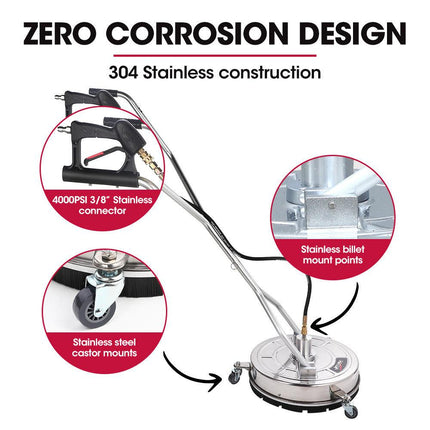 Jet-USA 18" Stainless Steel Pressure Washer Surface Cleaner with Yoke Handlebar, 3/8" Fitting, For Concrete Driveway Patio Floor.