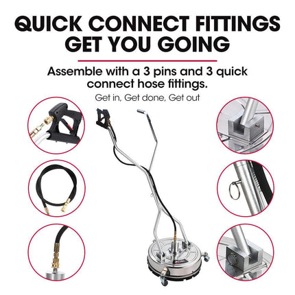 Jet-USA 18" Stainless Steel Pressure Washer Surface Cleaner with Yoke Handlebar, 3/8" Fitting, For Concrete Driveway Patio Floor.