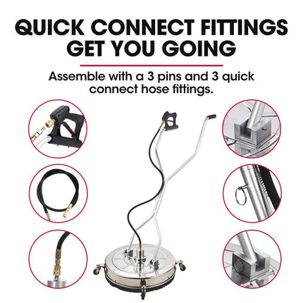 Jet-USA 24" Stainless Steel Pressure Washer Surface Cleaner, 3/8" Fitting, with Yoke Handlebar, For Concrete Driveway Patio Floor.