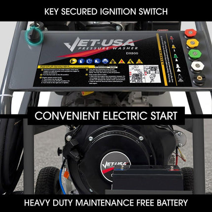 JET-USA Commercial Diesel High-Pressure Washer Cleaner, Electric Start 10hp 418cc, 15m Steel Braided Hose, Adjustable Triplex Pump - DX800.