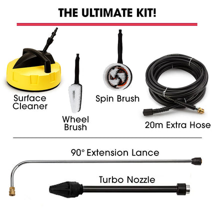 Jet-USA RX550 Electric High Pressure Washer 3500PSI Ultimate Pack, 5 Nozzles, Spin & Wheel Brush, Deck Cleaner, Turbo Head, Angled Lance, 30M Hose Reach.