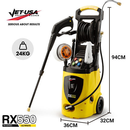 Jet-USA RX550 Electric High Pressure Washer 3500PSI Ultimate Pack, 5 Nozzles, Spin & Wheel Brush, Deck Cleaner, Turbo Head, Angled Lance, 30M Hose Reach.