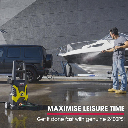 JET-USA RX530 Electric High Pressure Washer, 2400PSI 3 Nozzles, Brush Head Cleaner, Detergent Bottle.