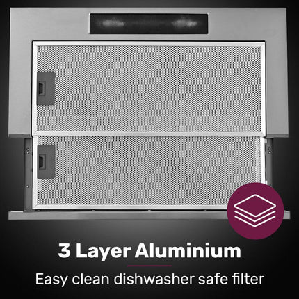 EUROCHEF 60cm Slideout Stainless Steel Rangehood, Quiet 2-Speed, 3-Layer Dishwashable Filters, Halogen Lights ESR60S.