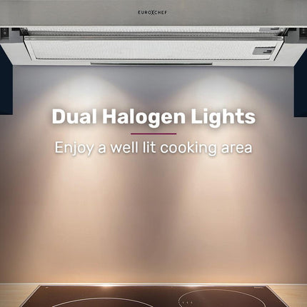 EUROCHEF 60cm Slideout Stainless Steel Rangehood, Quiet 2-Speed, 3-Layer Dishwashable Filters, Halogen Lights ESR60S.