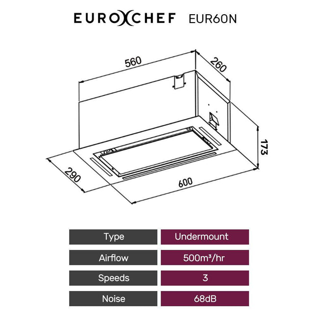 EUROCHEF 60cm Undermount Rangehood Silver, Quiet 3-Speed, 3-Layer Dishwashable Filter, LED Lights EUR60N.