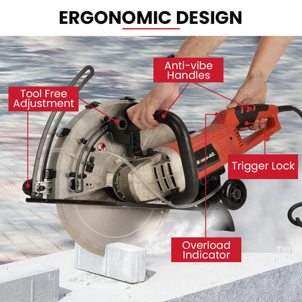 BAUMR-AG 3500W 350mm/14" Electric Concrete Demolition Cut-Off Saw, Wet and Dry Cutting, Diamond Blade, Vacuum Port, 15A Plug.