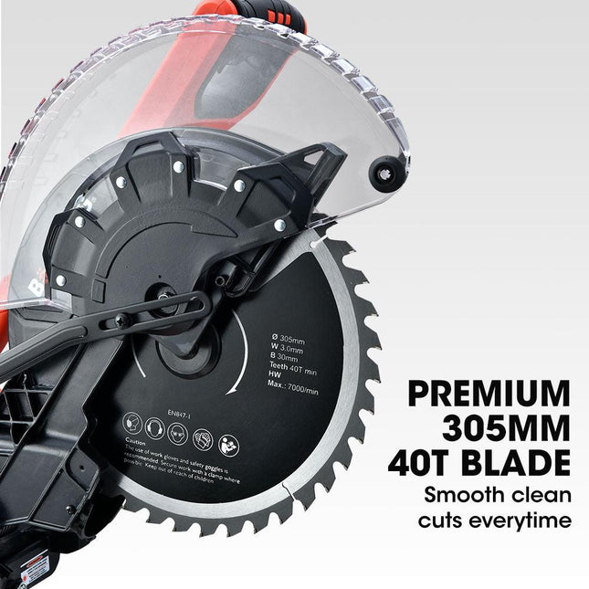 BAUMR-AG 305mm Dual Bevel Sliding Compound Mitre Drop Saw and Adjustable Stand Combo.
