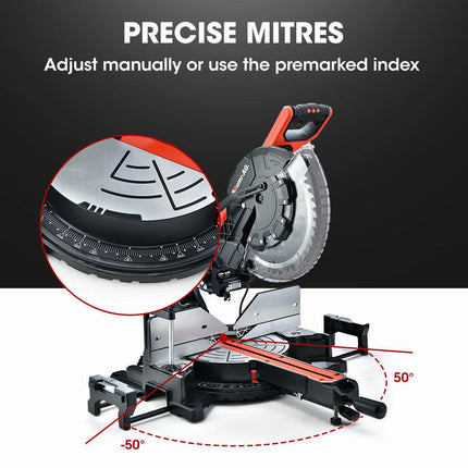 BAUMR-AG 305mm Dual Bevel Sliding Compound Mitre Drop Saw and Adjustable Stand Combo.