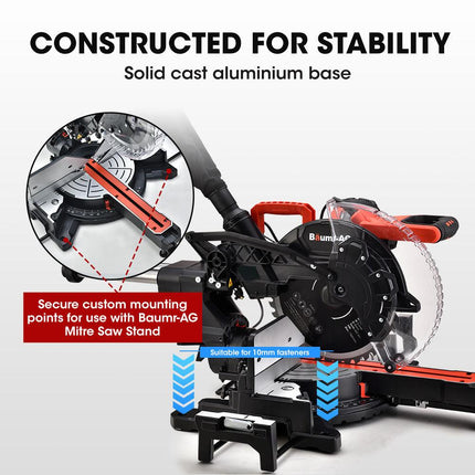 BAUMR-AG 305mm Dual Bevel Sliding Compound Mitre Drop Saw and Adjustable Stand Combo.