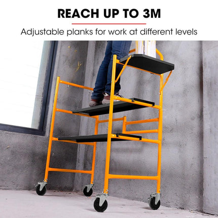 BAUMR-AG Mobile Scaffold Platform, 226kg Load, Steel Frame, Dual Height, Folding for easy Transport and Storage, Locking Castors, Tool Tray.