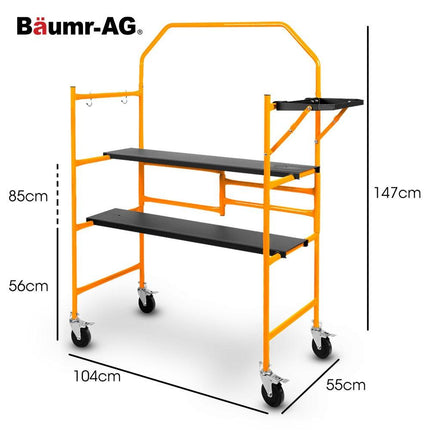BAUMR-AG Mobile Scaffold Platform, 226kg Load, Steel Frame, Dual Height, Folding for easy Transport and Storage, Locking Castors, Tool Tray.
