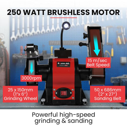 BAUMR-AG Bench Grinder and Belt Sander Combo, 150mm Grinding Disc, 50 x 686mm Linisher, Brushless Motor, Worklight.