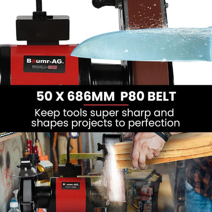BAUMR-AG Bench Grinder and Belt Sander Combo, 150mm Grinding Disc, 50 x 686mm Linisher, Brushless Motor, Worklight.