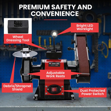 BAUMR-AG Bench Grinder and Belt Sander Combo, 150mm Grinding Disc, 50 x 686mm Linisher, Brushless Motor, Worklight.