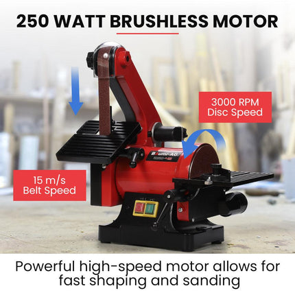 BAUMR-AG Bench Vertical Belt and Disc Sander Combo, 25mm Linisher, 125mm Sanding Disc, Brushless Motor, Dust Collection Ports.