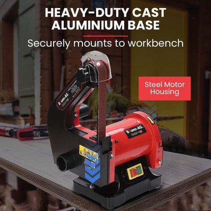 BAUMR-AG Bench Vertical Belt and Disc Sander Combo, 25mm Linisher, 125mm Sanding Disc, Brushless Motor, Dust Collection Ports.