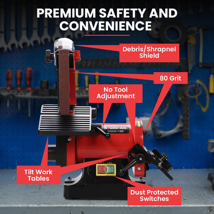 BAUMR-AG Bench Vertical Belt and Disc Sander Combo, 25mm Linisher, 125mm Sanding Disc, Brushless Motor, Dust Collection Ports.