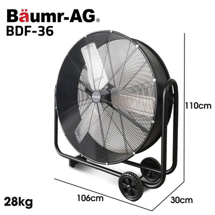 BAUMR-AG 36" 914mm Industrial Mobile Floor Drum Fan, 290W Brushless Motor, Tilting, Large, Commercial, Heavy-duty Frame, EESS Certified.