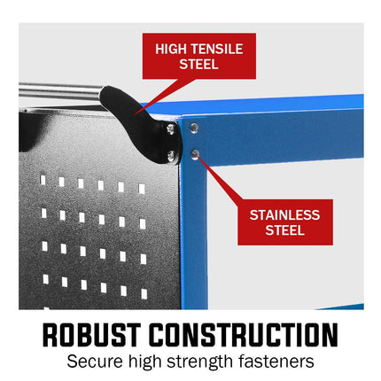 Bullet 3-Tier Steel Tool Trolley Cart, for Workshop, Mechanic, with Pegboard, Screwdriver Bay, Blue.