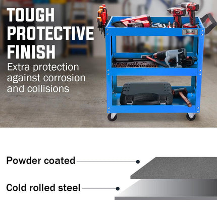 Bullet 3-Tier Steel Tool Trolley Cart, for Workshop, Mechanic, with Pegboard, Screwdriver Bay, Blue.
