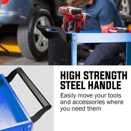 Bullet 3-Tier Steel Tool Trolley Cart, for Workshop, Mechanic, with Pegboard, Screwdriver Bay, Blue.