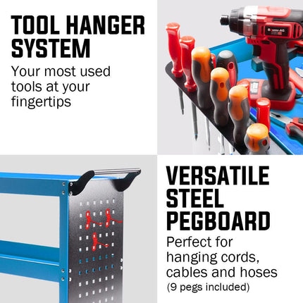 Bullet 3-Tier Steel Tool Trolley Cart, for Workshop, Mechanic, with Pegboard, Screwdriver Bay, Blue.