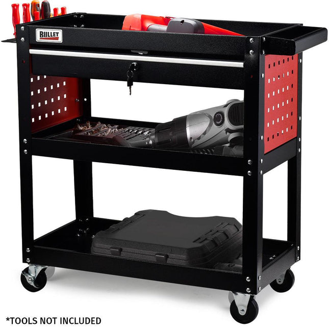 Bullet 3-Tier Steel Tool Trolley Cart, for Workshop, Mechanic, with Drawer, Pegboard, Screwdriver Bay, Black/Red.