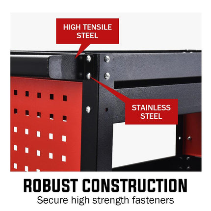 Bullet 3-Tier Steel Tool Trolley Cart, for Workshop, Mechanic, with Drawer, Pegboard, Screwdriver Bay, Black/Red.