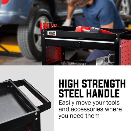 Bullet 3-Tier Steel Tool Trolley Cart, for Workshop, Mechanic, with Drawer, Pegboard, Screwdriver Bay, Black/Red.