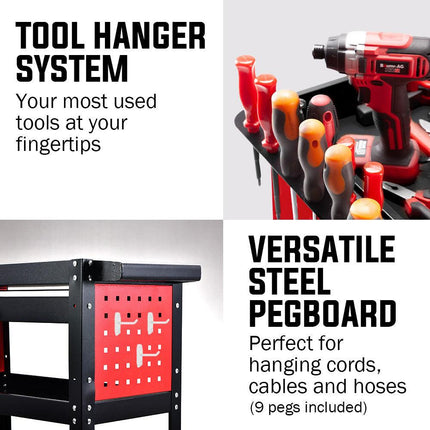 Bullet 3-Tier Steel Tool Trolley Cart, for Workshop, Mechanic, with Drawer, Pegboard, Screwdriver Bay, Black/Red.